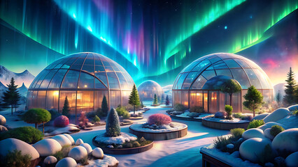 Wall Mural - Arctic Tundra Bio Retreat With Self Sustaining Ice Domes In Futuristic Environment  