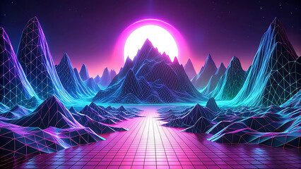 Wall Mural - Digital Neon Gradient Landscape Of Surreal Purple Mountains Under Starry Sky  