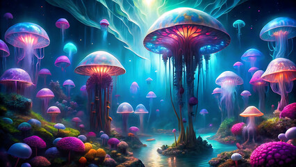 Wall Mural - Fantasy Luminous Undersea World With Glowing Jellyfish In Magical Ocean Atmosphere  