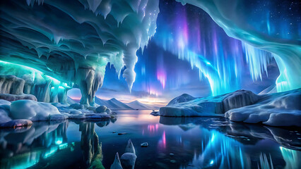 Wall Mural - Floating ice cavern bio retreat with bioluminescent glowing formations