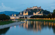 Salzburg - The panorama of old town from the river side at dusk.