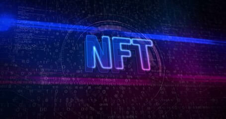 Non-fungible token business symbol on abstract digital background. 3d glowing icon cyber technology concept animation.