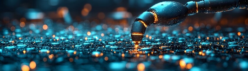 Wall Mural - a futuristic robotic arm with orange glowing highlights interacts with a complex digital network