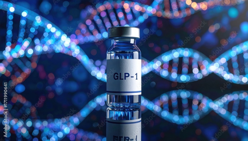 Glp Background A vial labeled glp 1 against dna helix background filled with blue ...