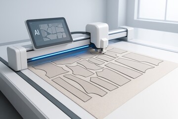 AI-powered fabric cutting machine operating automatically with digital interface in clean environment on light background for garment manufacturing. Ai generative