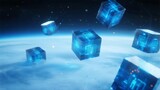 Floating Digital Cubes in Outer Space with Cloud Background