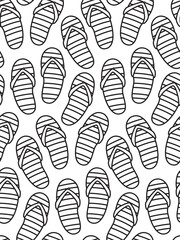 Seamless pattern with flip flops drawn in doodle style. Black and white background with beach shoes