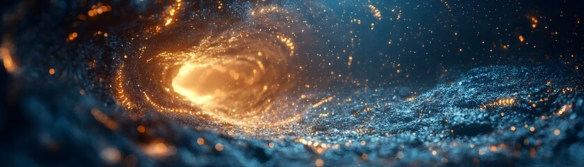 Wall Mural - A vibrant cosmic vortex of glowing orange particles swirls through a dark blue nebula creating a dynamic and luminous celestial phenomenon