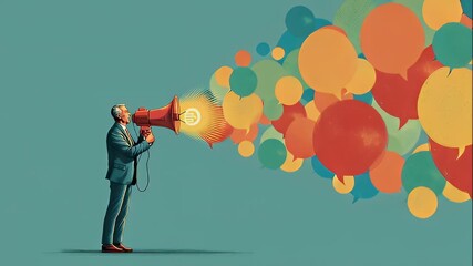 Businessman Using Megaphone for Speech, Colorful Bubbles Enhance Communication, Marketing, and Engagement Strategies