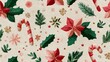© 楠 刘 - Seamless Christmas pattern with cozy festive style featuring candy canes, holly leaves, snowflakes, warm red and green palette, watercolor texture, minimal background, repeating holiday tile design.