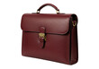 © Freya - Isolated maroon leather briefcase with handle, buckled closure, and gold hardware on display
