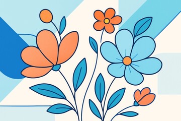 Wall Mural - Abstract floral illustration with orange and blue flowers and geometric shapes on a light background, symbolizing spring freshness and nature concept. Ai generative