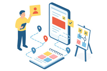 Isometric UX UI design illustration building user experience roadmap planning user interaction interface vector cartoon concept digital flowchart and app development process