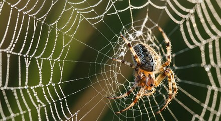 Detailed macro photograph of a garden orb-weaver spider resting in the center of its intricate web glistening with morning dew