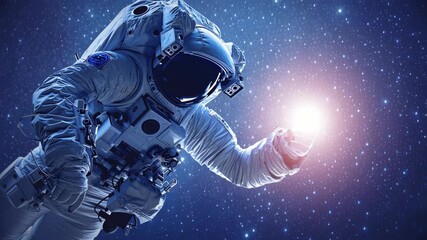 Wall Mural - An astronaut floats in the darkness of space, extending a hand towards a radiant light source, surrounded by countless stars.