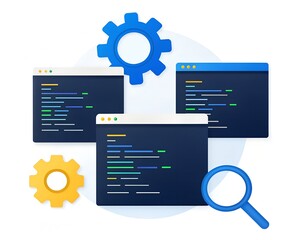 Programming code windows with gears and magnifying glass on white background software development
