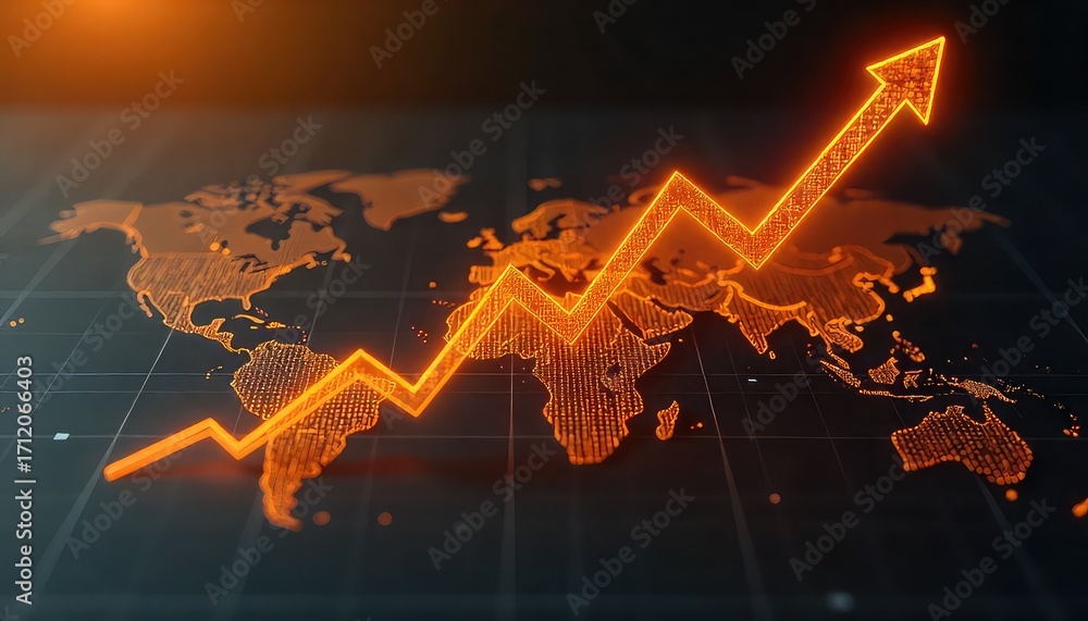Dynamic global growth chart illuminates world map with rising orange ...