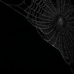 Ornate spider web with dew drops on black background, spooky Halloween decoration. Natural intricate pattern for dark themed design.
