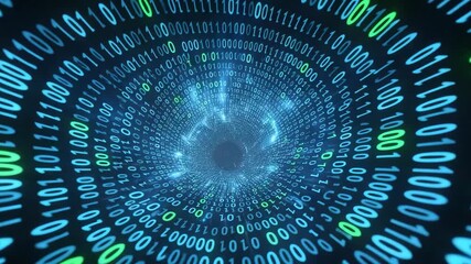 Dynamic digital vortex of binary code streams into futuristic data tunnel, conveying information flow