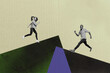 © deagreez - 3d zine full image art collage of happy business partners girl guy run geometric figure development career aim achievement