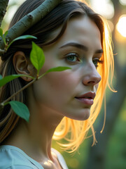 Wall Mural - serene double exposure portrait woman face overlapping gnarled branches leaves ancient forest trees soft