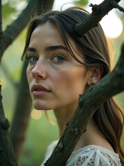 Wall Mural - serene double exposure portrait woman face overlapping gnarled branches leaves ancient forest trees soft