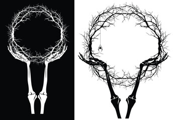 Wall Mural - human skeleton hand holding empty copy space frame made of bare tree branches - halloween party them