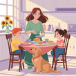 © subho - Mother and children enjoy breakfast with dog in sunlit kitchen Keywords: family, breakfast