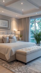 Wall Mural - A bright bedroom with a large bed, bedside table, and windows overlooking the garden—inspiring for articles on bedroom design, home comfort, and modern interiors.