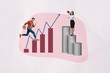 © deagreez - Full sketch image 3d photo collage of happy businessman businesswoman stand arrow progress coin income millionaire capital