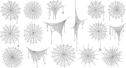 Intricate and delicate spider webs with hanging dew drops, perfect for Halloween or nature themes.