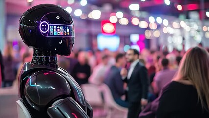 Futuristic Robot Interacting with People at a Modern Event.