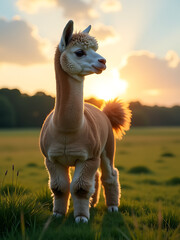 Wall Mural - playful alpaca stands lush green meadow dawn bathed warm golden light gentle shadows wispy clouds
