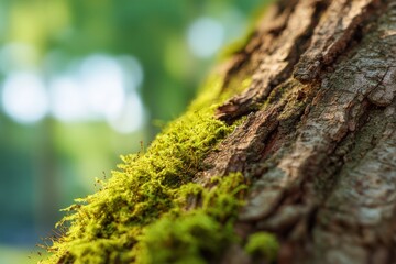 Wall Mural - Close-up of Vibrant Green Moss Growing on the Textured Bark of a Tree in Nature