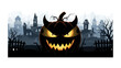 © hafs121 - Spooky Pumpkin’s Spooky Night: A terrifying Halloween illustration featuring a devilish pumpkin with menacing eyes, silhouetted against a haunted city backdrop.