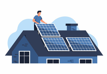 Man installing solar panels on a house roof A sustainable energy solution illustration