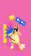 © master1305 - Colorful artwork. Happy young woman in yellow dress with headphones and social media icons. Concept of IT apps, digital marketing visuals, customer engagement, and online education platforms.