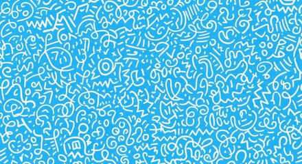 Vibrant blue background with a dense, intricate pattern of white handdrawn doodles and scribbles