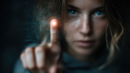 Woman in hood touches projected security shield displaying cyber security, data privacy