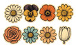 © Myung - Vintage spring flowers set, collage of detailed flower heads in top view with minimalism aesthetic, retro bitmap style, scrapbook elements, trendy floral stickers collection