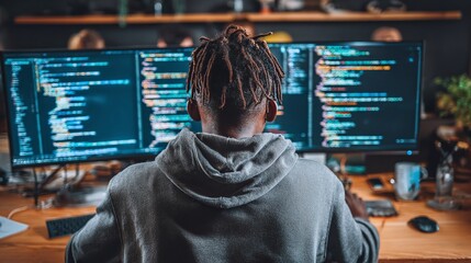 Coding and development: A person focused on the screen with lines of code and data, wearing a gray hoodie. Workspace environment.