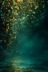 Wall Mural - Beautiful dark green Christmas background with shining, golden glitter and empty space. Particles, confetti. Copy space for your text. Merry Xmas, Happy New Year. Festive vertical backdrop.
