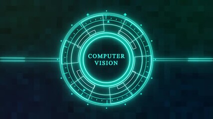 Futuristic computer vision concept with glowing circle interface and text in the center, representing advanced technology and artificial intelligence development