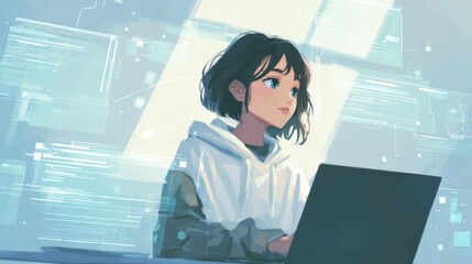 Young woman coding on a laptop in a modern workspace with digital screens in the background