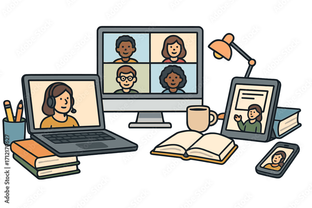 Remote learning setup with laptop, desktop, tablet, and smartphone for ...