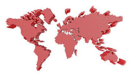Red Global Map, isolated on transparent background. 3D global map composed of uniform red sticks. 3D illustration