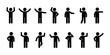 © Ezra - Stickman hand gesture poses. Silhouette people raising hand, waving, greeting, asking, presenting, and standing with body language. Vector icons for communication, meeting, introduction, or interactio