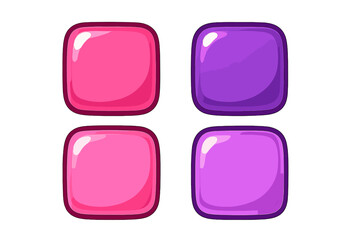 Set of glossy square candy buttons in pink and purple. Vector cartoon illustration for a vibrant gaming experience. UI, GUI assets for match-3 games or mobile apps.