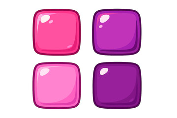 Colorful square candy pieces in pink and purple shades for gaming. Vector cartoon illustration of glossy jelly blocks. Mobile game assets or GUI buttons set. Sweet GUI elements.