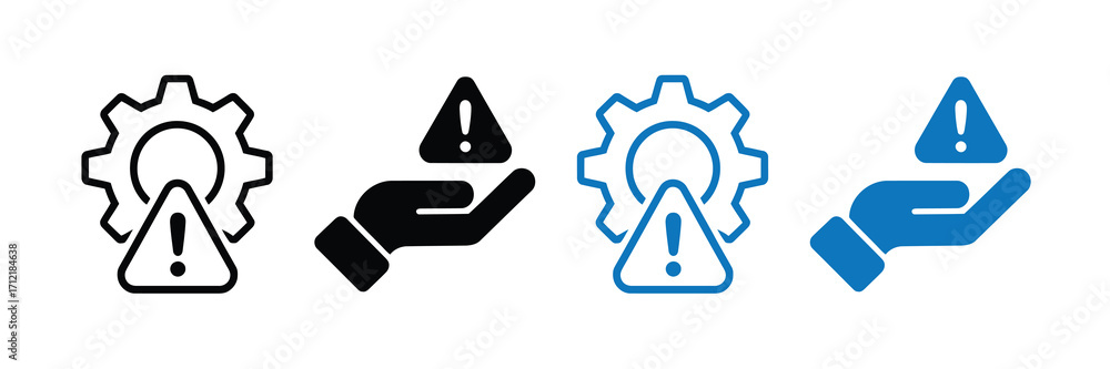 Set of four icons representing a gear with a warning sign and a hand holding a warning sign, in black and blue, isolated on white background
